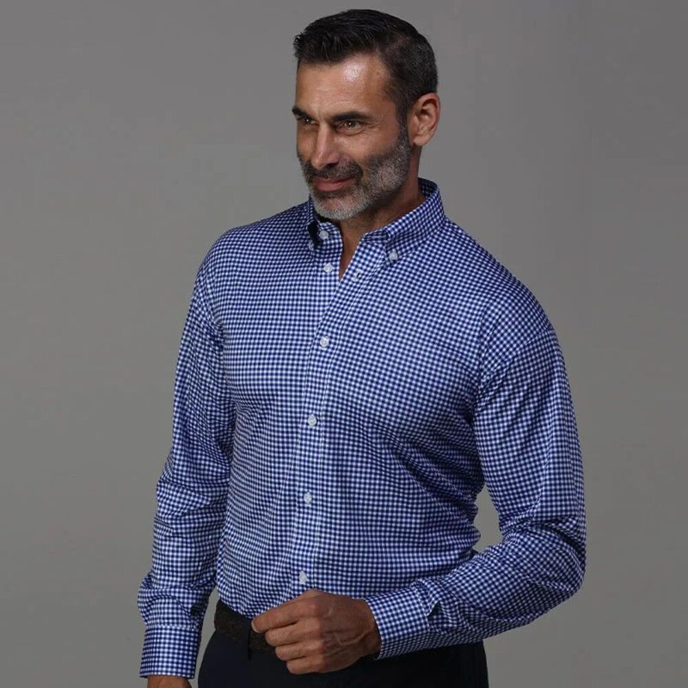 COLLARS & CO. Quattro Flex Dress Shirt Button Down Collar XL Blue Gingham NEW A4
